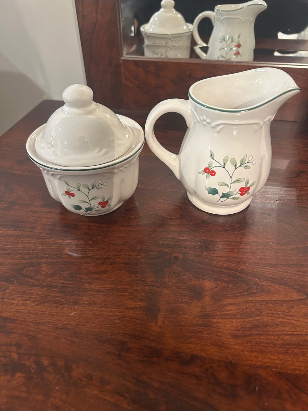 Pfaltzgraff White Creamer and Sugar Bowl with Green Trim and Red Berry Motif